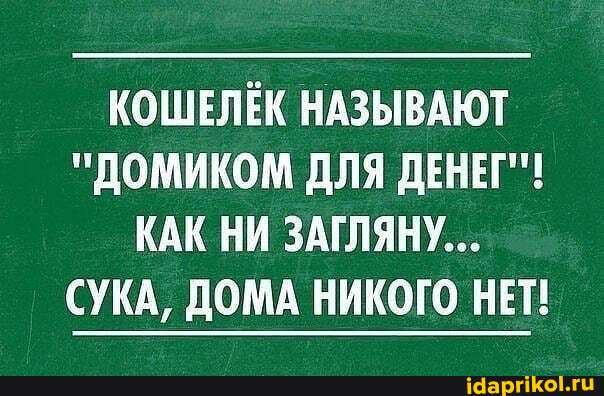 КОШЕЛЕК НАЗЫВАЮТ
"ДОМИКОМ ДЛЯ ДЕНЕГ"!
КАК НИ ЗАГЛЯНУ...
СУКА, ДОМА НИКОГО НЕТ!